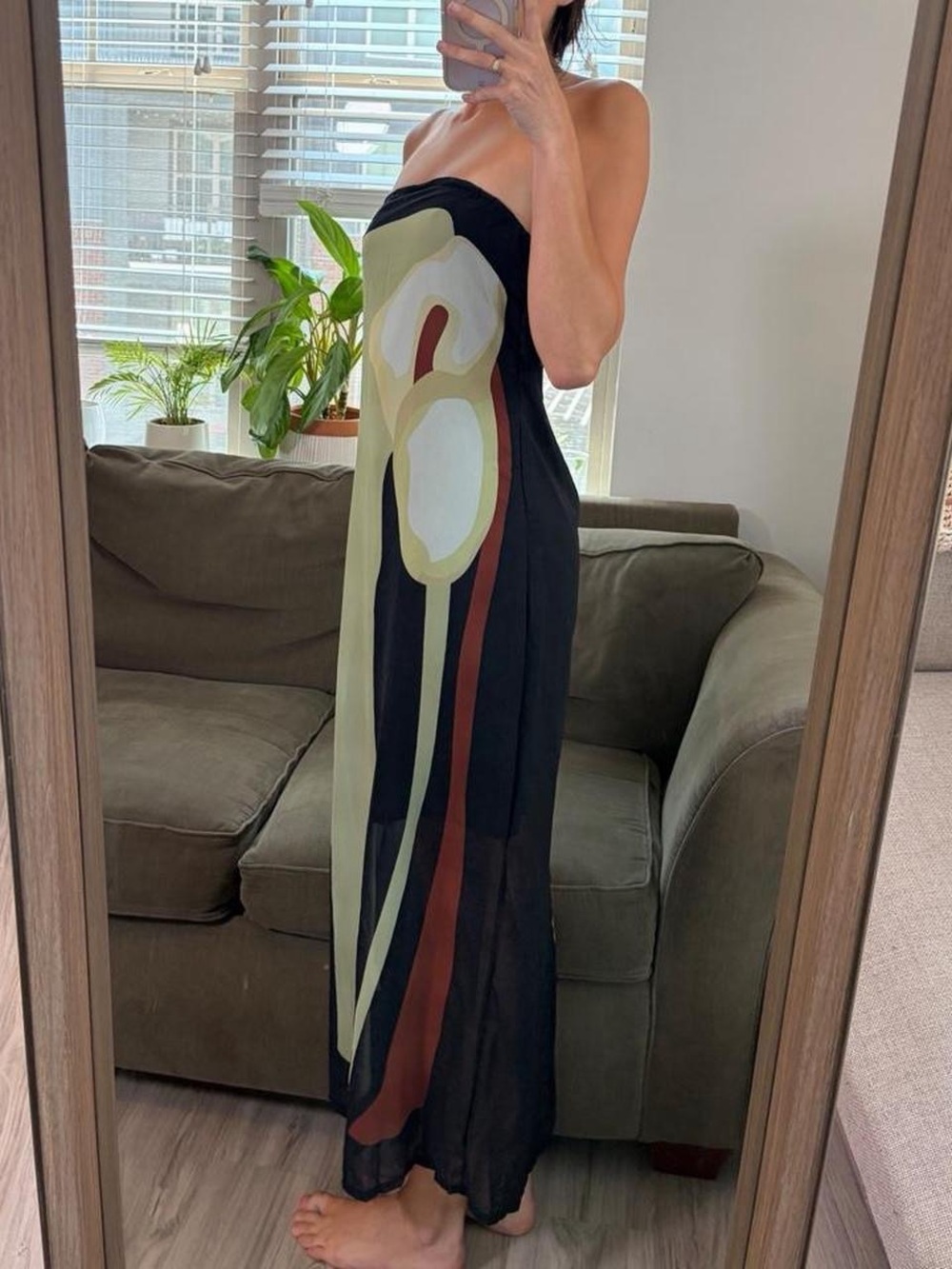Strapless Maxi Dress in Olive Green Abstract Print - Picture 5 of 7